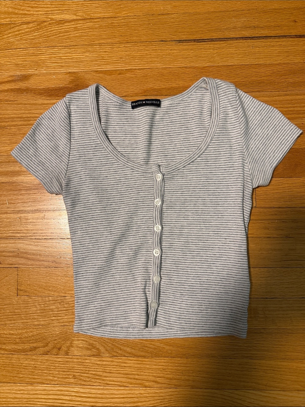 Brandy Melville Light Gray Striped Ribbed Button Top